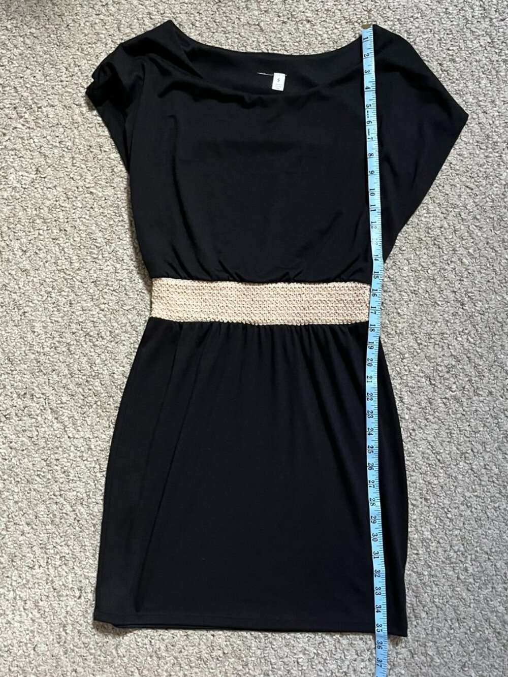 Black Short-Sleeve Blouson Dress w/ Textured Waistband, Size S - Picture 9 of 11